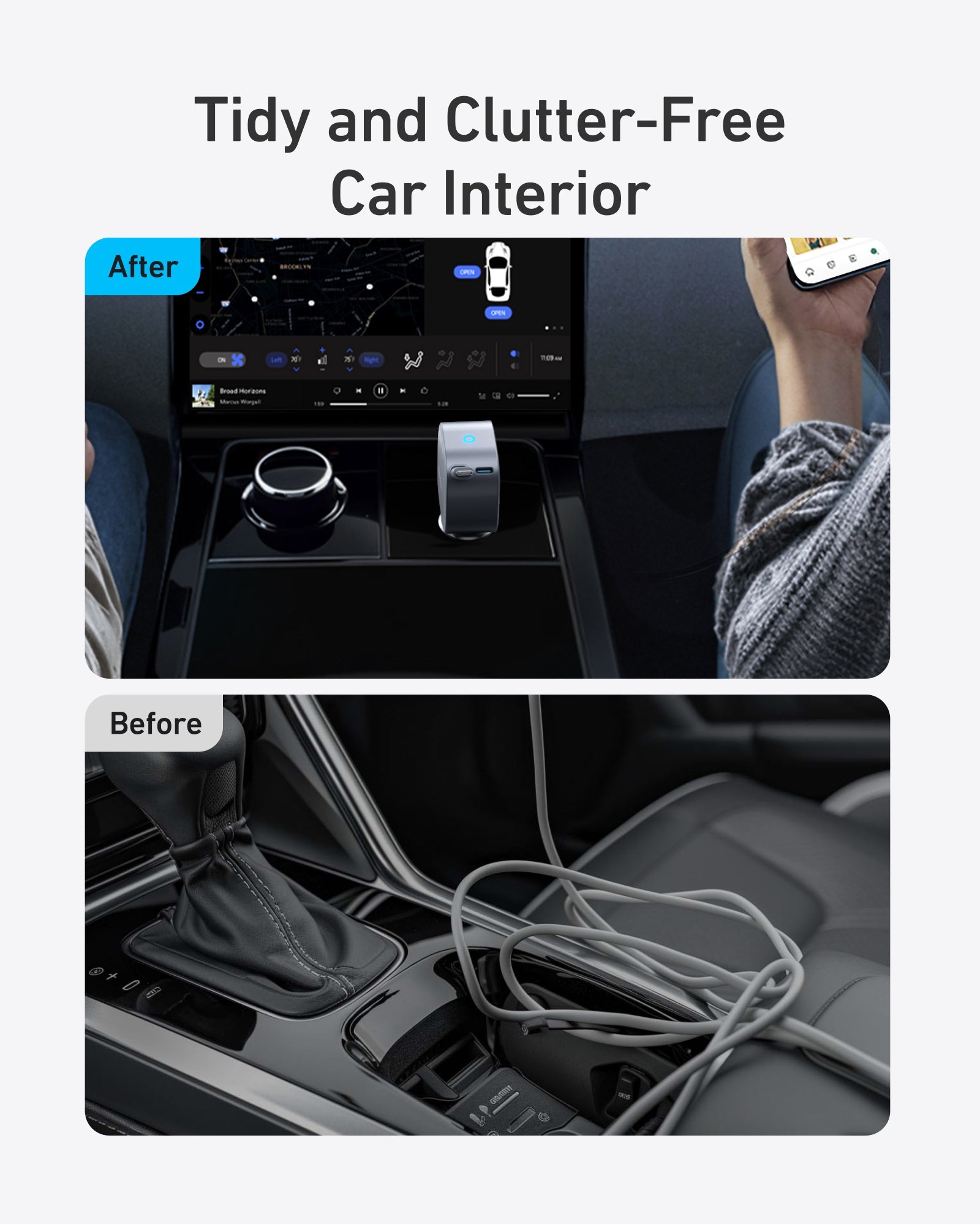 Tidy and clutter-free car interior comparison before and after using Anker 75W car charger for organization.