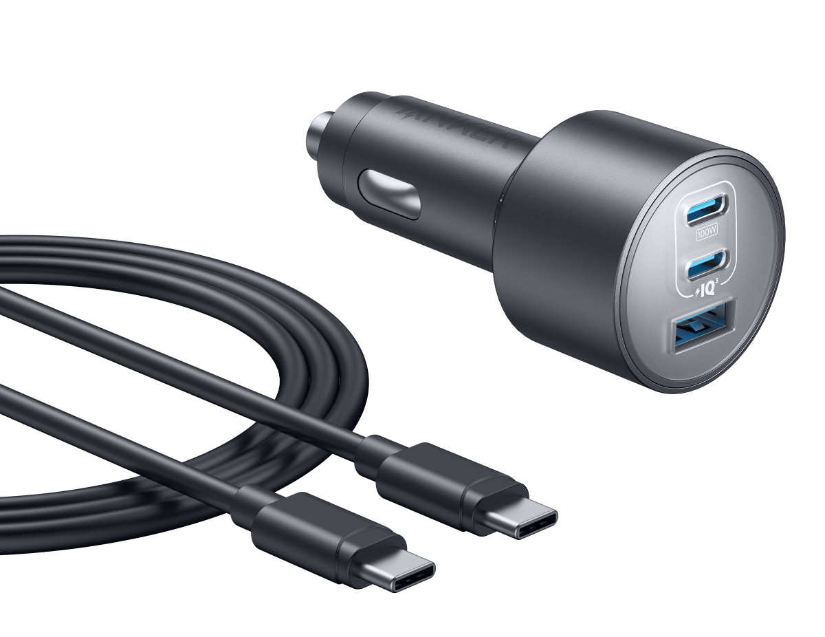Anker Nano Car Charger with three ports and charging cables, perfect for powering devices on the go.