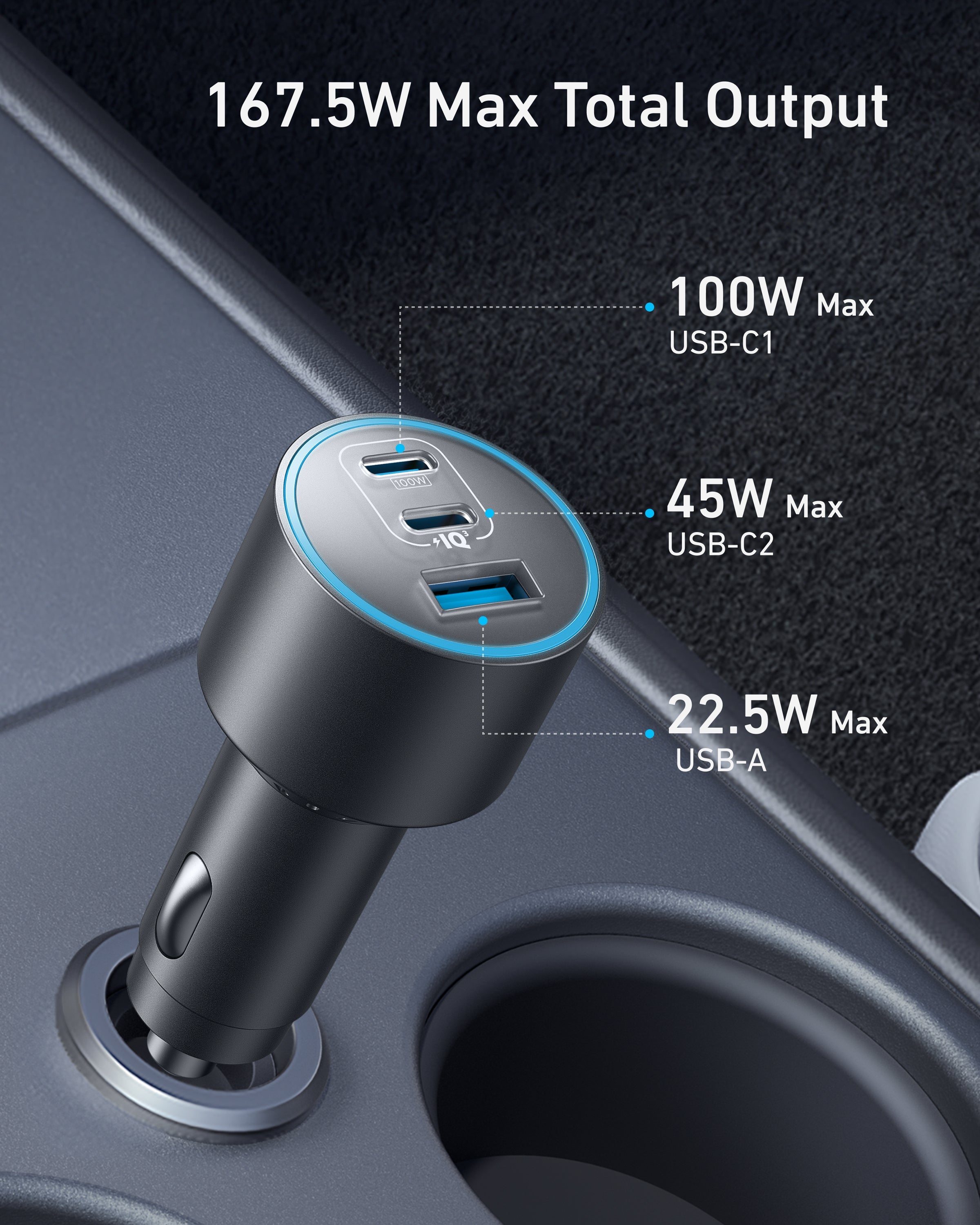 Anker Nano Car Charger showing 167.5W Max Total Output with USB-C and USB-A ports.