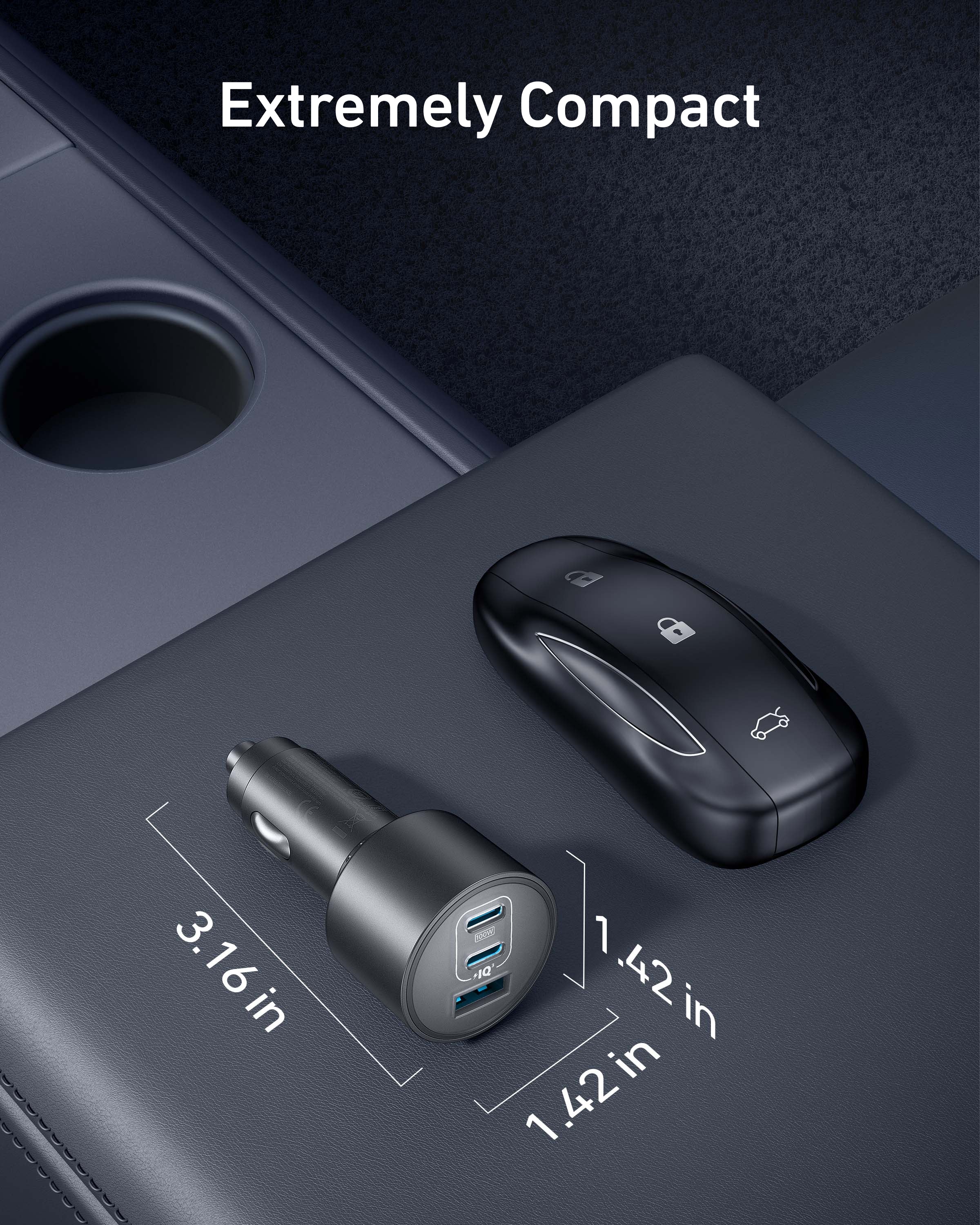 Anker Nano Car Charger shown as an extremely compact device next to a car key, highlighting its small size and design.
