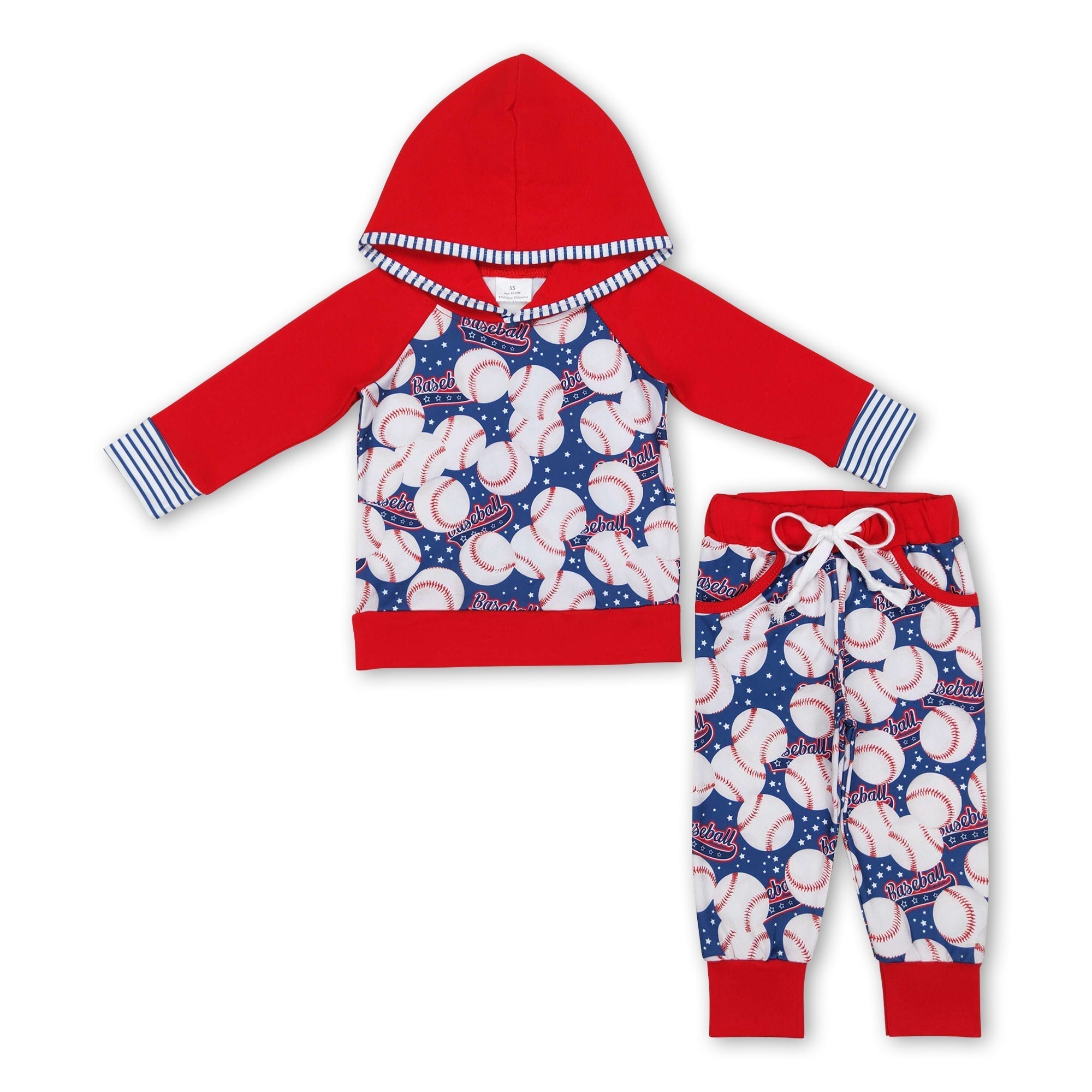Kids baseball hoodie pocket pants set with red hoodie and patterned pants, made of milk silk, true to size.