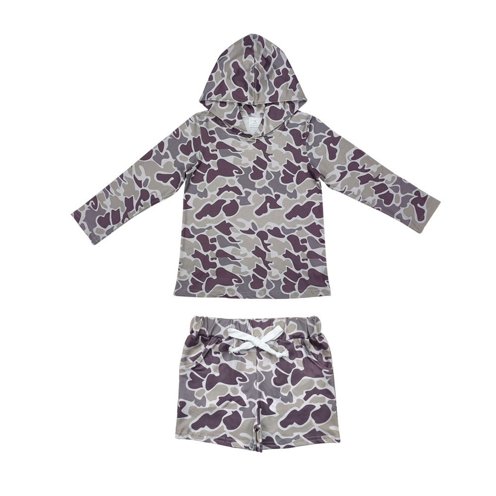 Camo hoodie shorts set for boys in milk silk material, featuring a stylish camo pattern, perfect for casual wear.