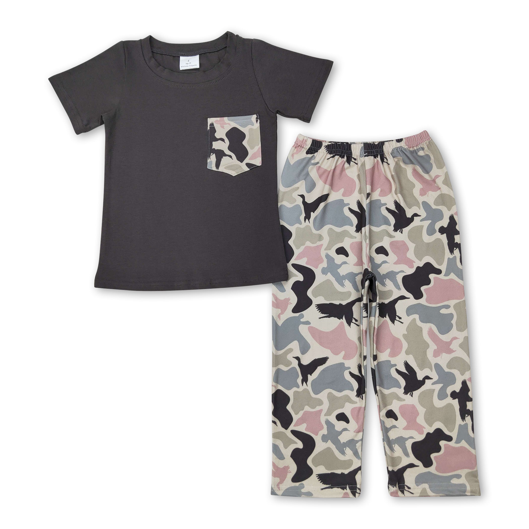 Grey top and duck camo pants boys camo hunting clothes set in milk silk material.