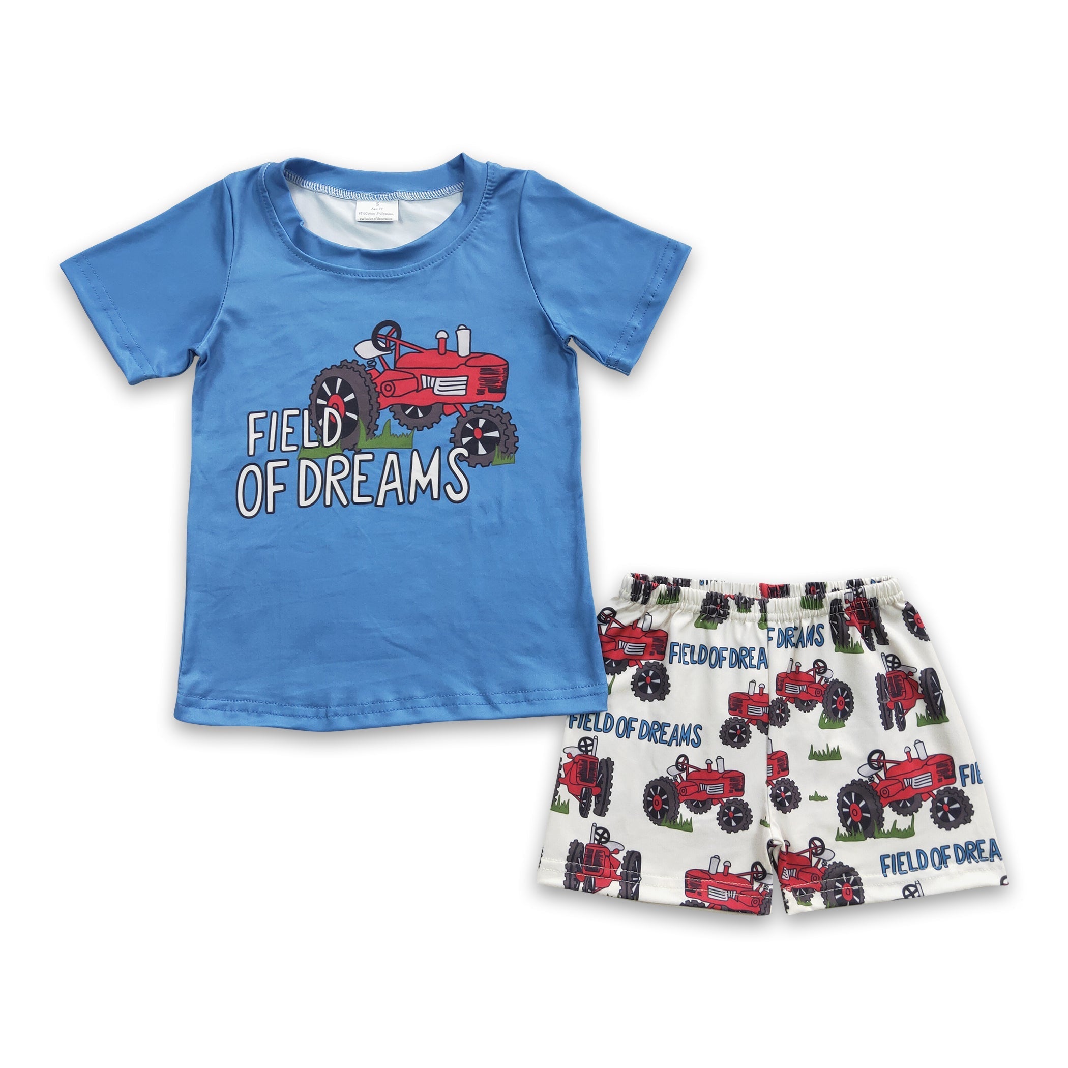 Tractor themed kids clothing set featuring a blue shirt and patterned shorts with a tractor and 'Field of Dreams' design.
