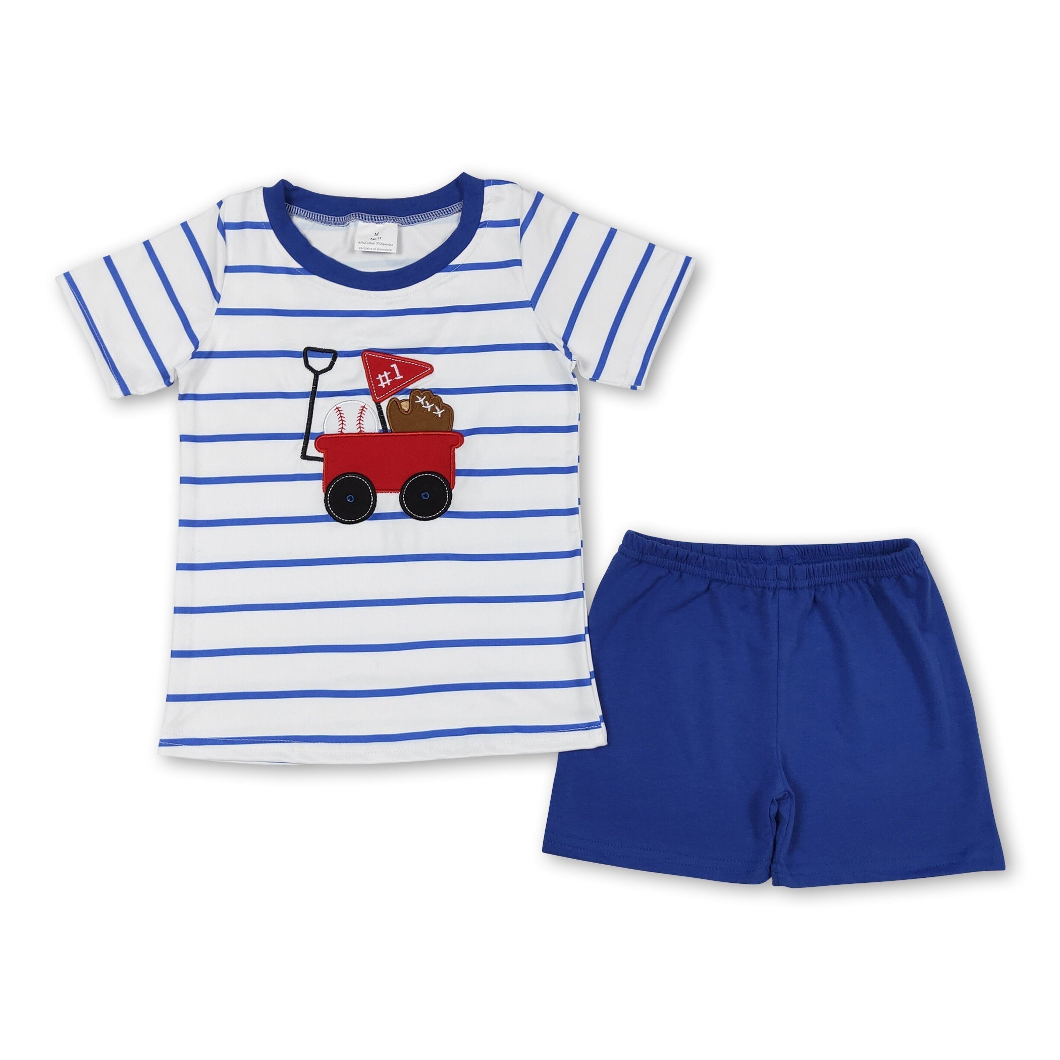 Blue stripe baseball top boys clothing featuring a playful embroidered design and matching shorts.