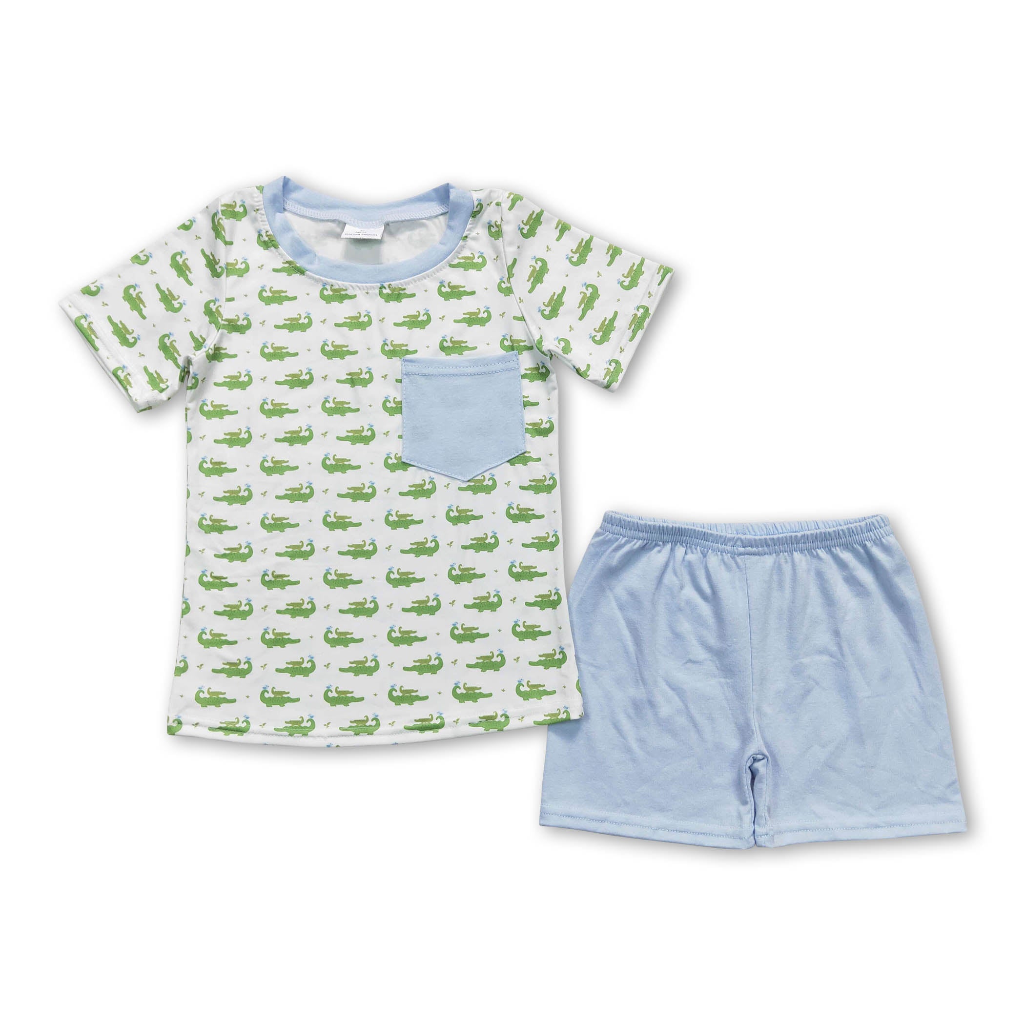 Boys summer pocket shorts featuring a crocodile print top and matching shorts, ideal for summer clothing.