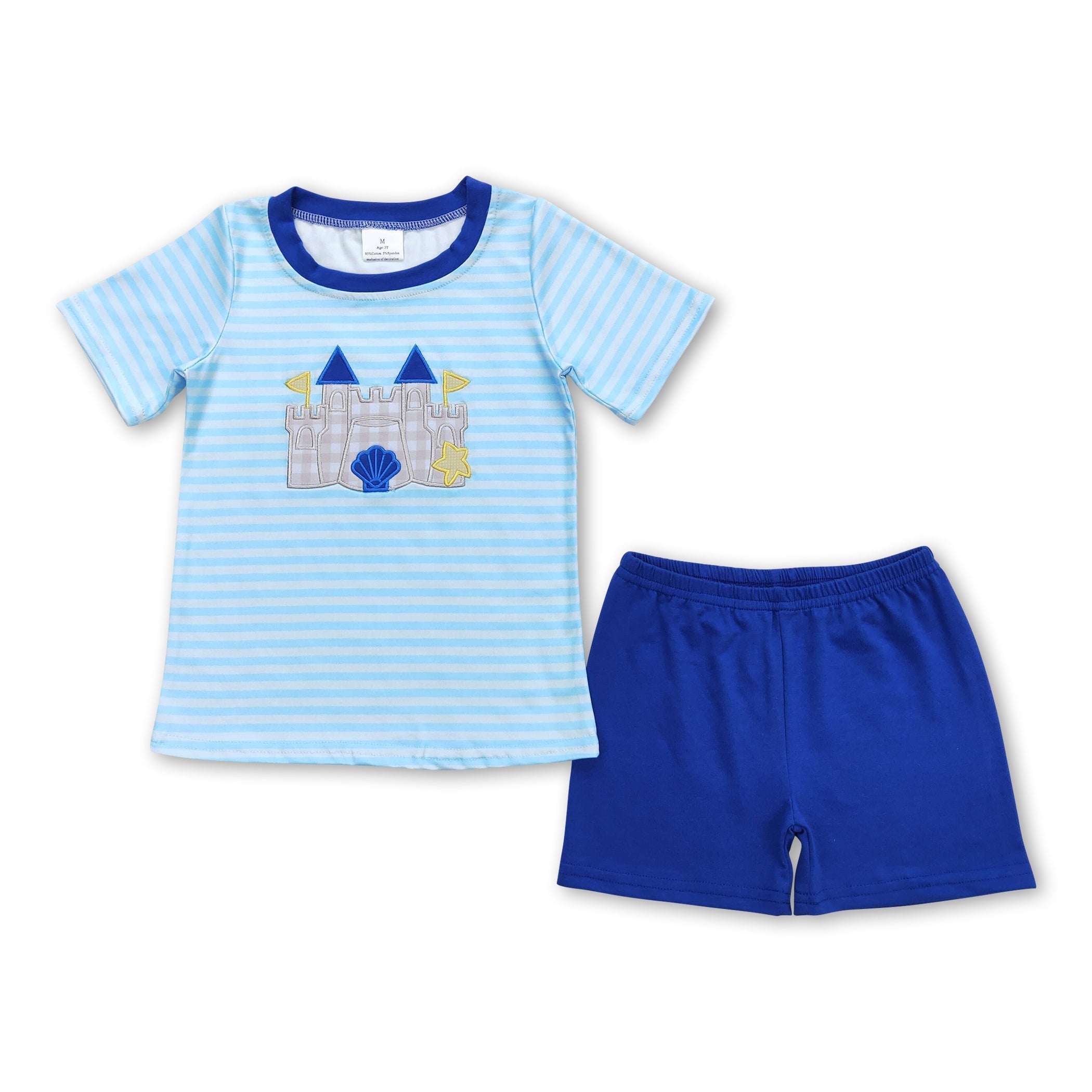 boys summer stripe castle shirt shorts set in blue and striped design for summer fun.