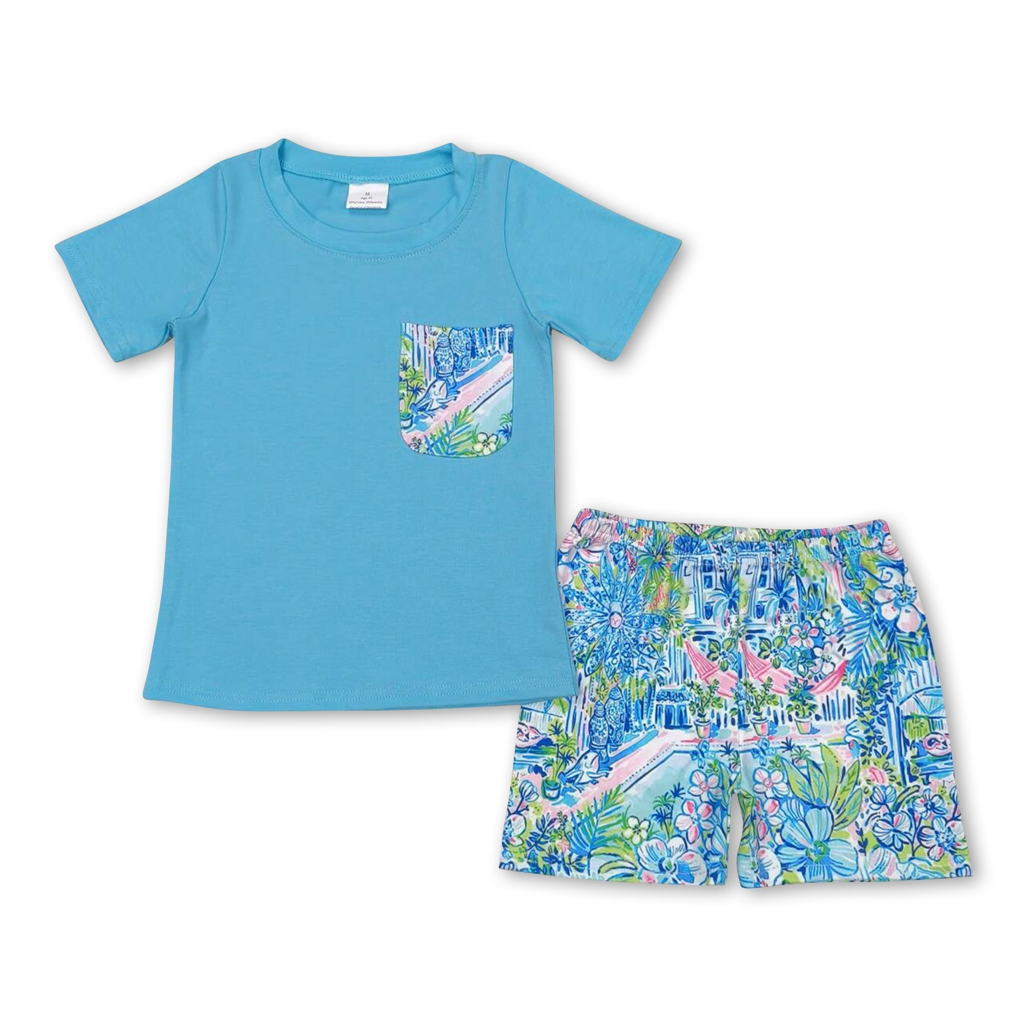 Blue pocket top and colorful shorts for boys, perfect boys watercolor shorts for summer.