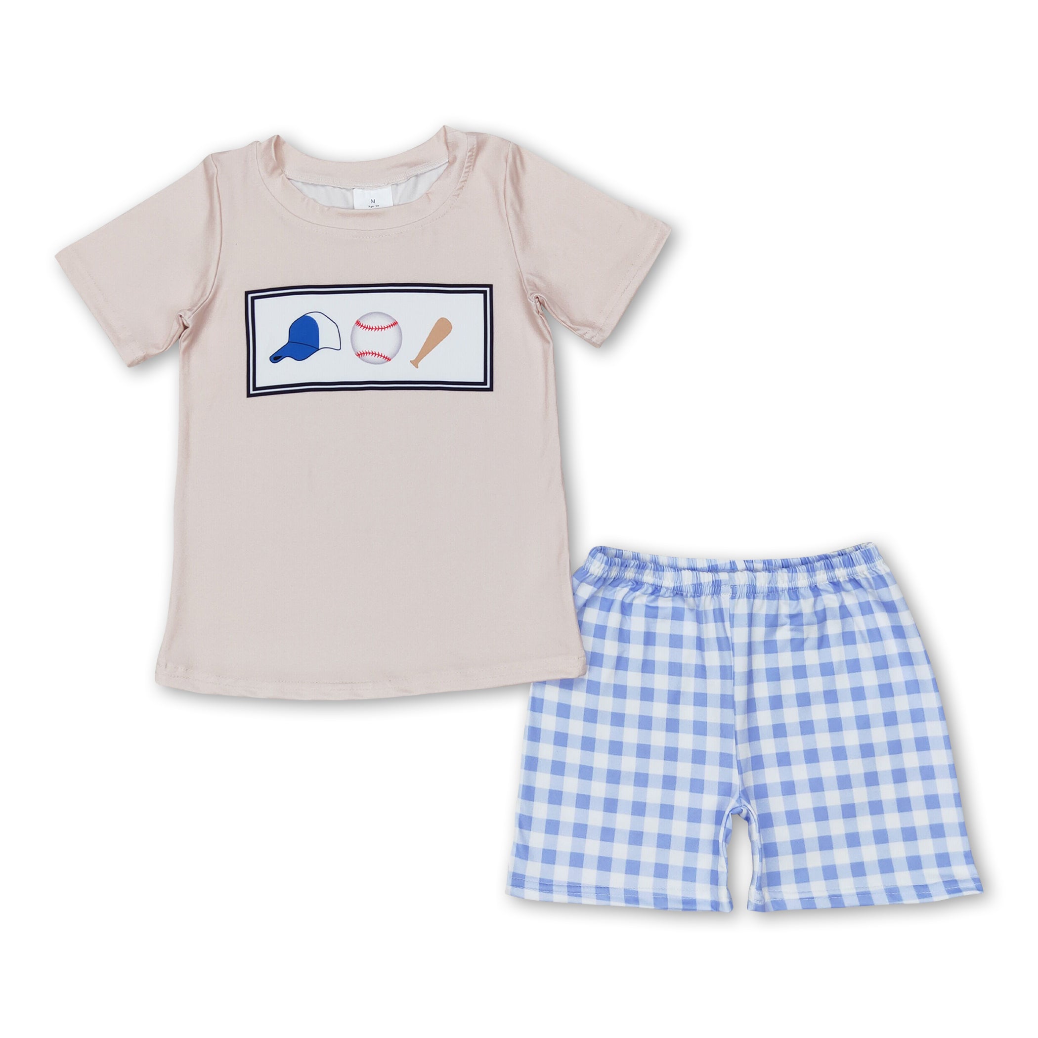 Boys plaid baseball shorts with matching t-shirt featuring baseball graphics, perfect for summer wear.