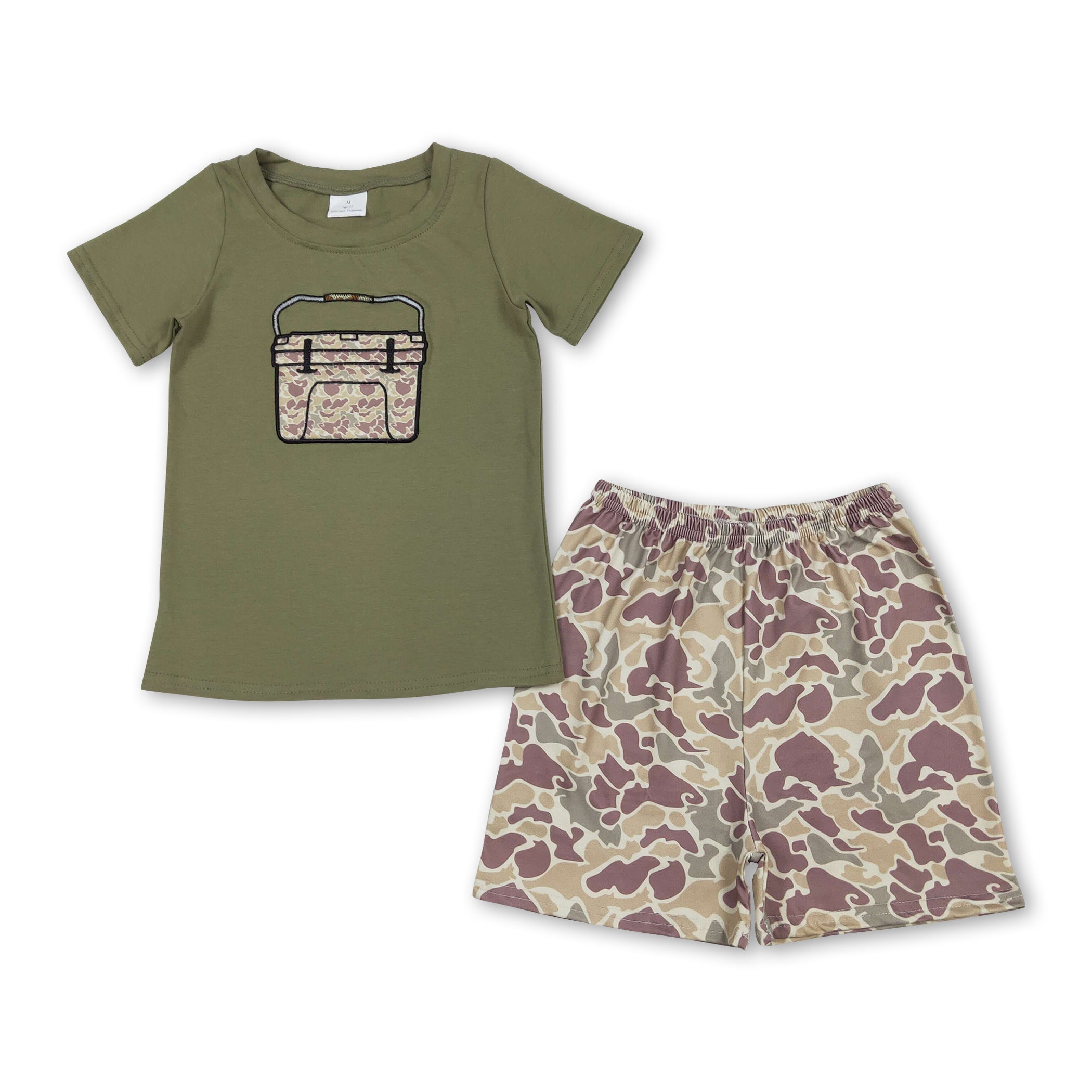 Boys camo fishing shorts with matching embroidery top in milk silk fabric, perfect for outdoor adventures.