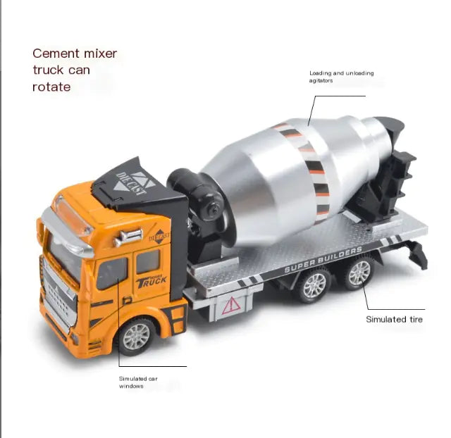 Cement mixer truck toy with rotating drum and simulated tires, designed for imaginary play and construction fun.