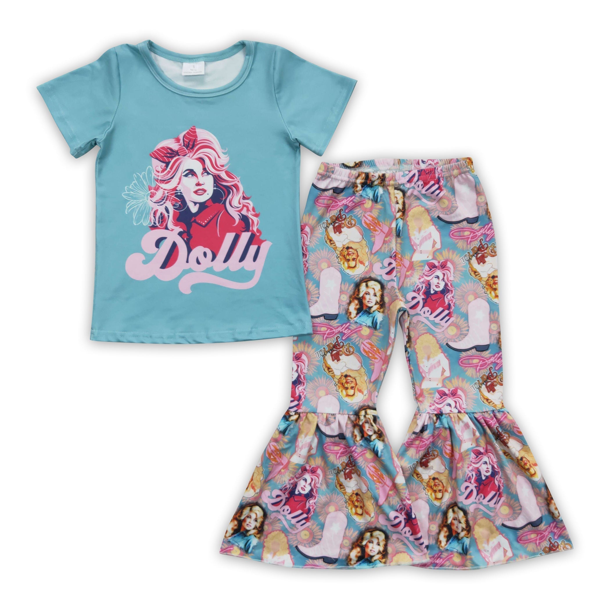 Floral boots for girls clothing set featuring a blue shirt and colorful flared pants.