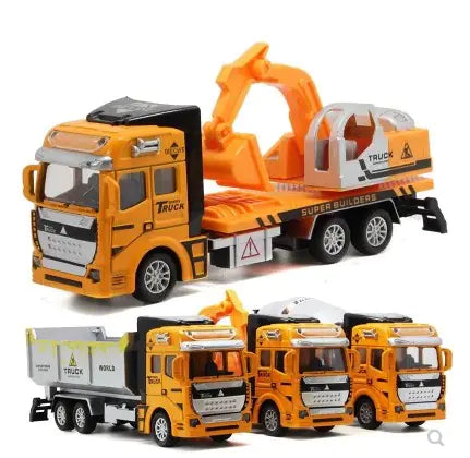 Kids metal alloy excavator toy set featuring vibrant trucks and construction vehicles for imaginative play.