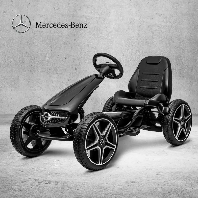 Mercedes kids go-kart pedal bike in sleek black design with sporty wheels and comfortable seat.