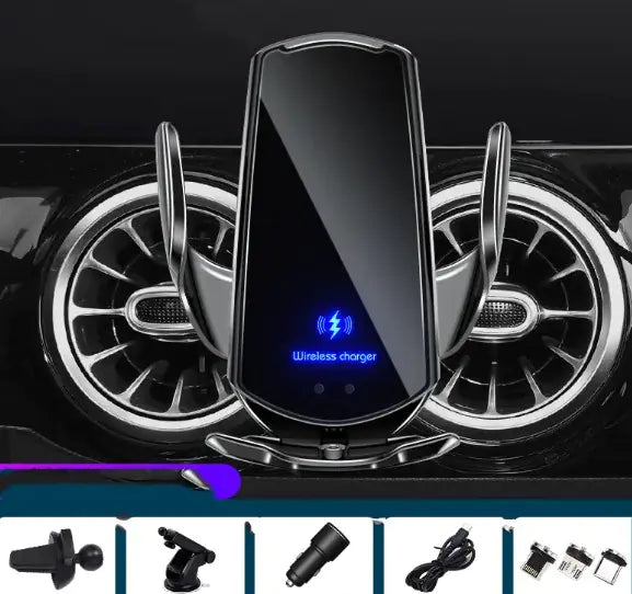 magnetic wireless car charger mounted in vehicle air vent with blue LED indicator