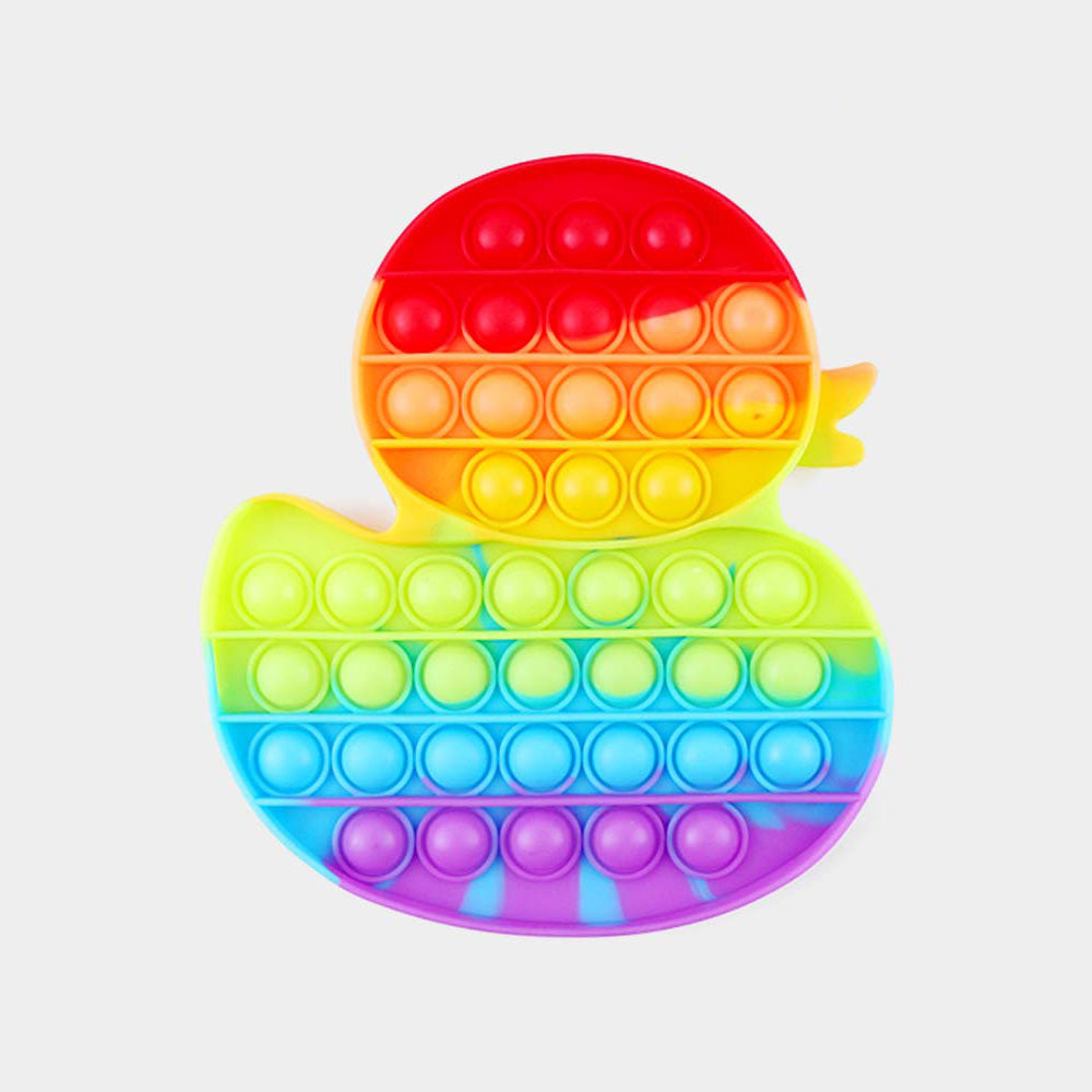 Duckling push pop fidget toy in rainbow colors, ideal for stress relief and fun for kids and adults.