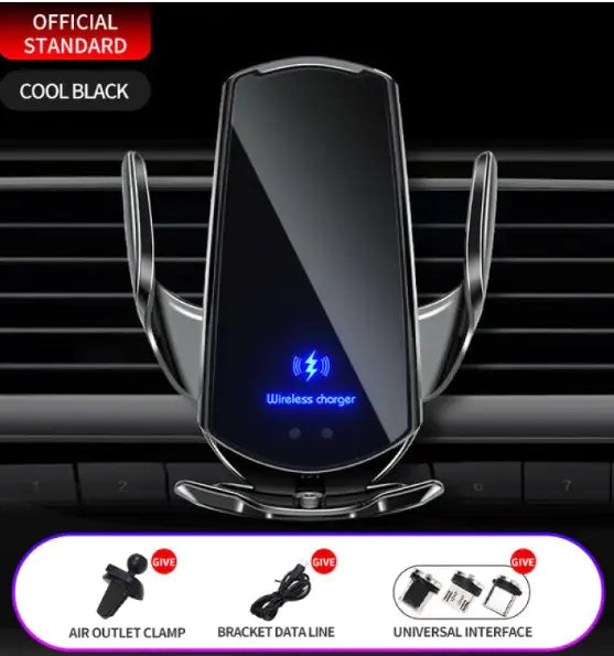 magnetic wireless car charger with air outlet clamp and wireless charging indicator in cool black design