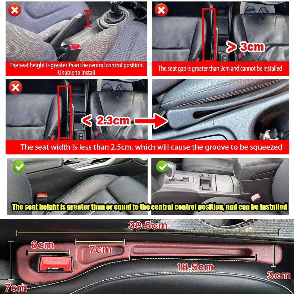 Car seat gap filler installation guide highlighting seat dimensions and compatibility features.