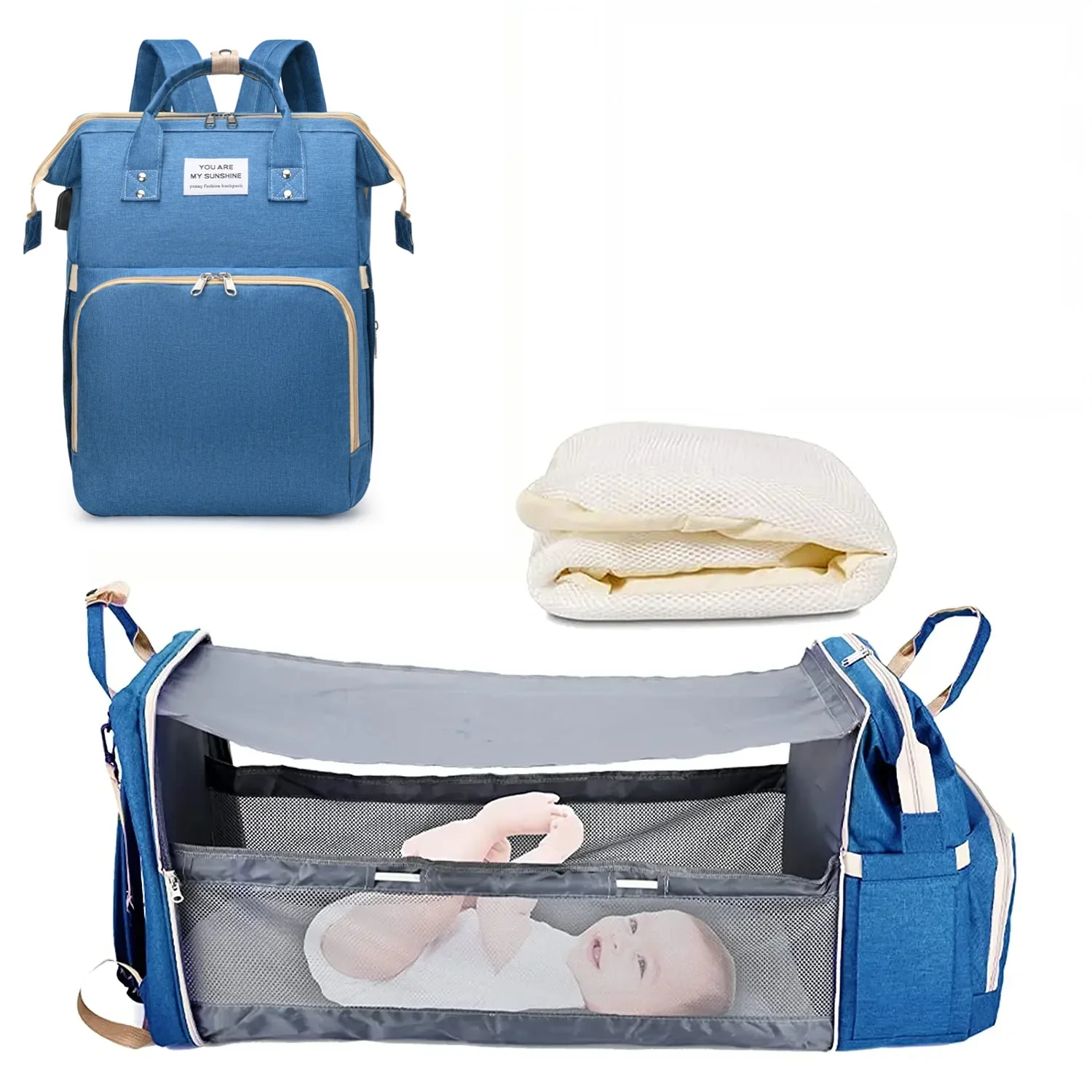 3 in 1 Diaper Bag Backpack with Foldable Baby Bed & USB