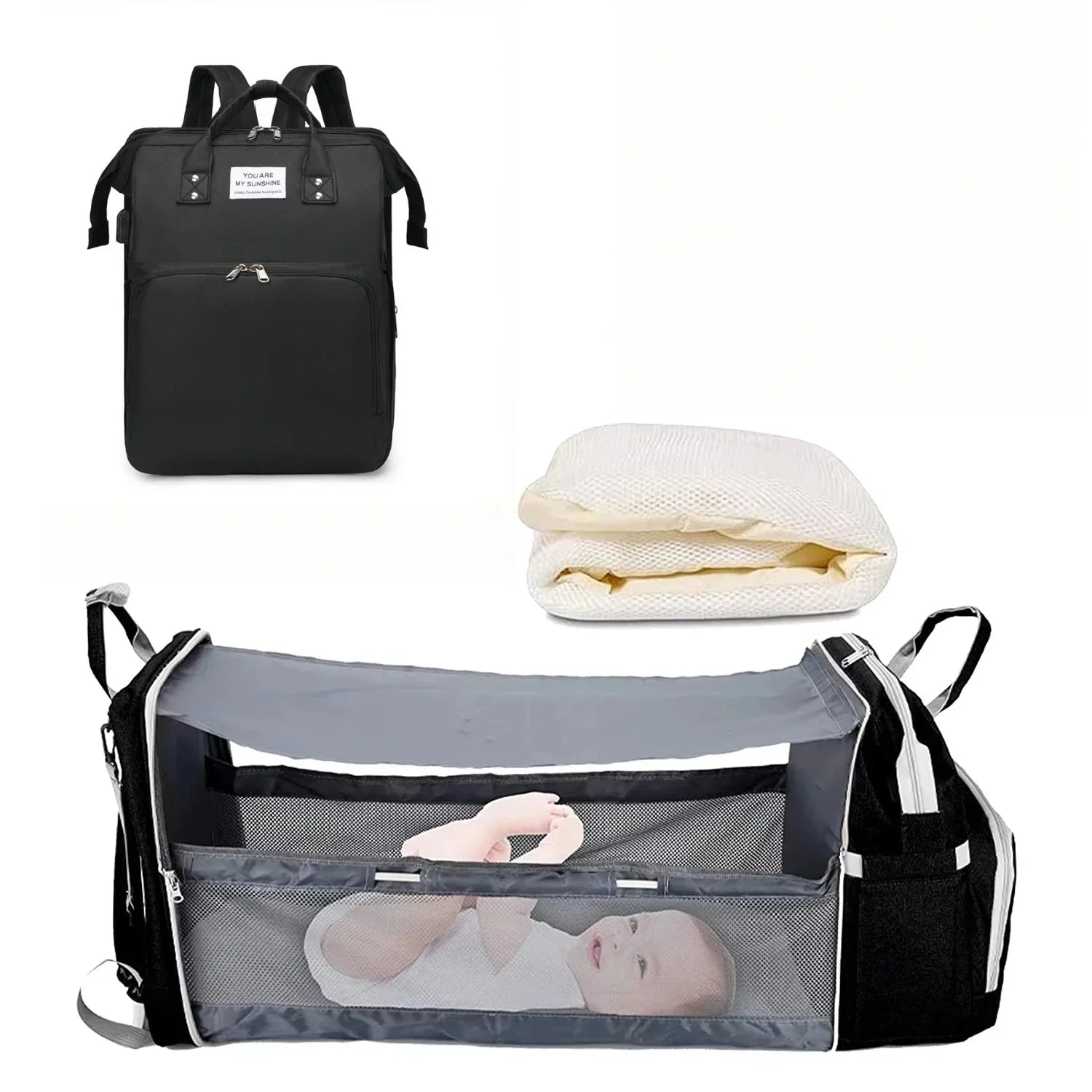 3 in 1 Diaper Bag Backpack with Foldable Baby Bed & USB