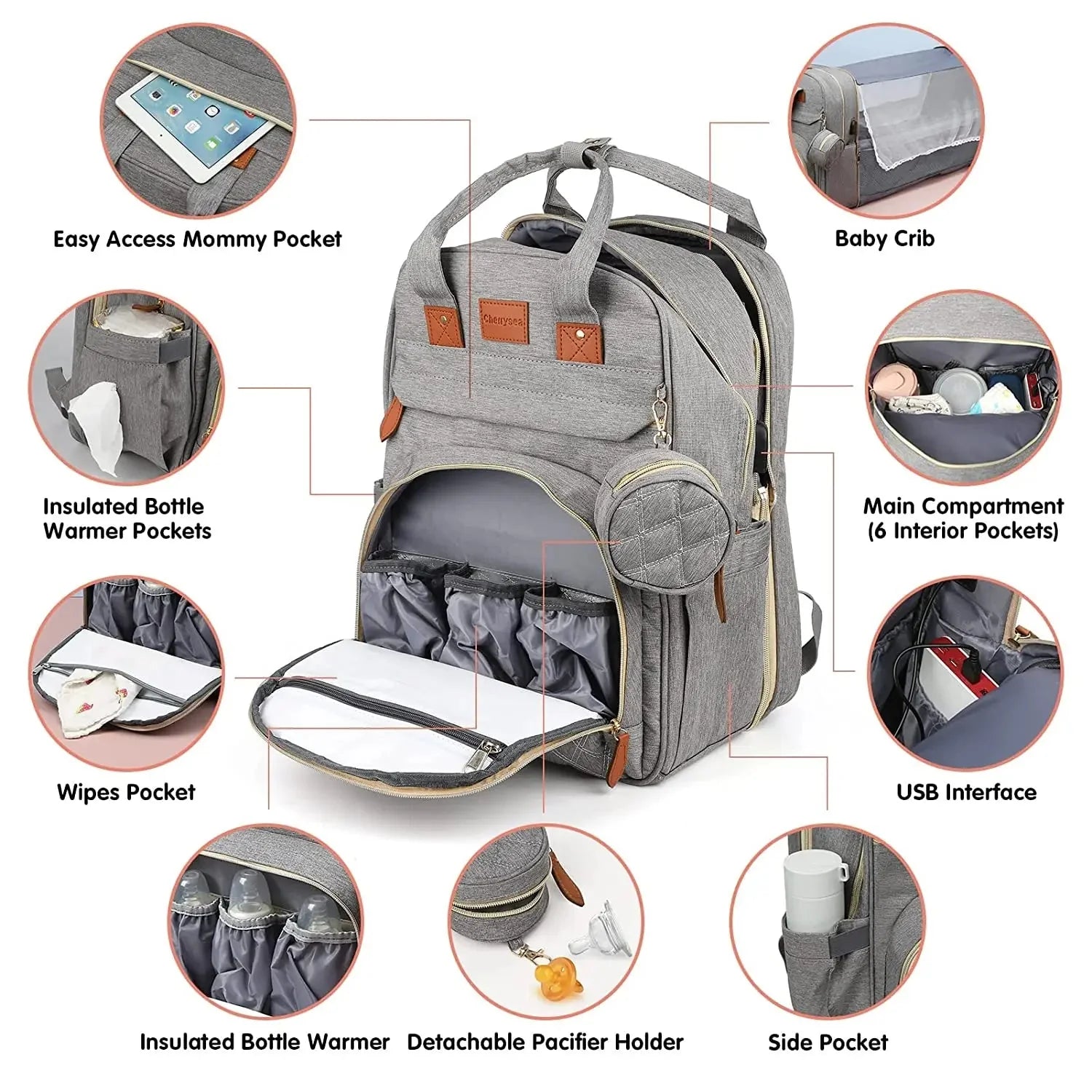 3 in 1 Diaper Bag Backpack with Foldable Baby Bed & USB