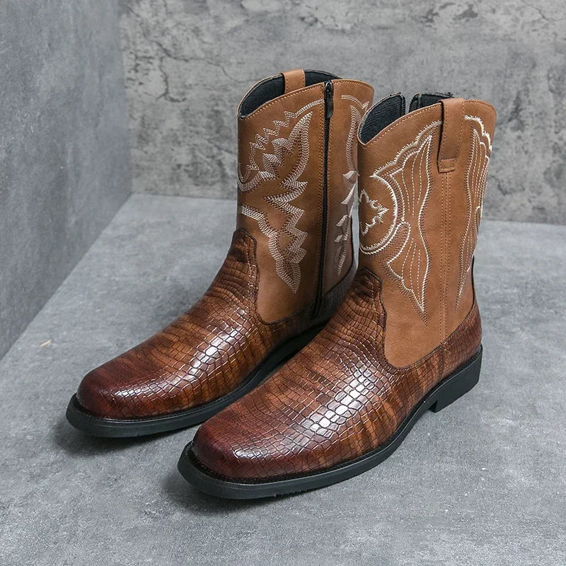 Classic men's ankle boots with unique crocodile texture and stylish embroidery details.