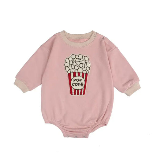 Newborn baby rompers jumpsuit in pink with popcorn design for infants.