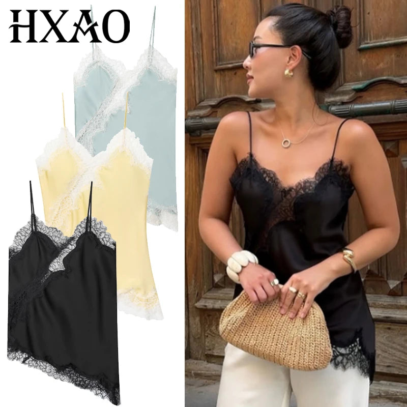 HXAO asymmetrical slip top women in various colors modeled by young woman with a handbag.