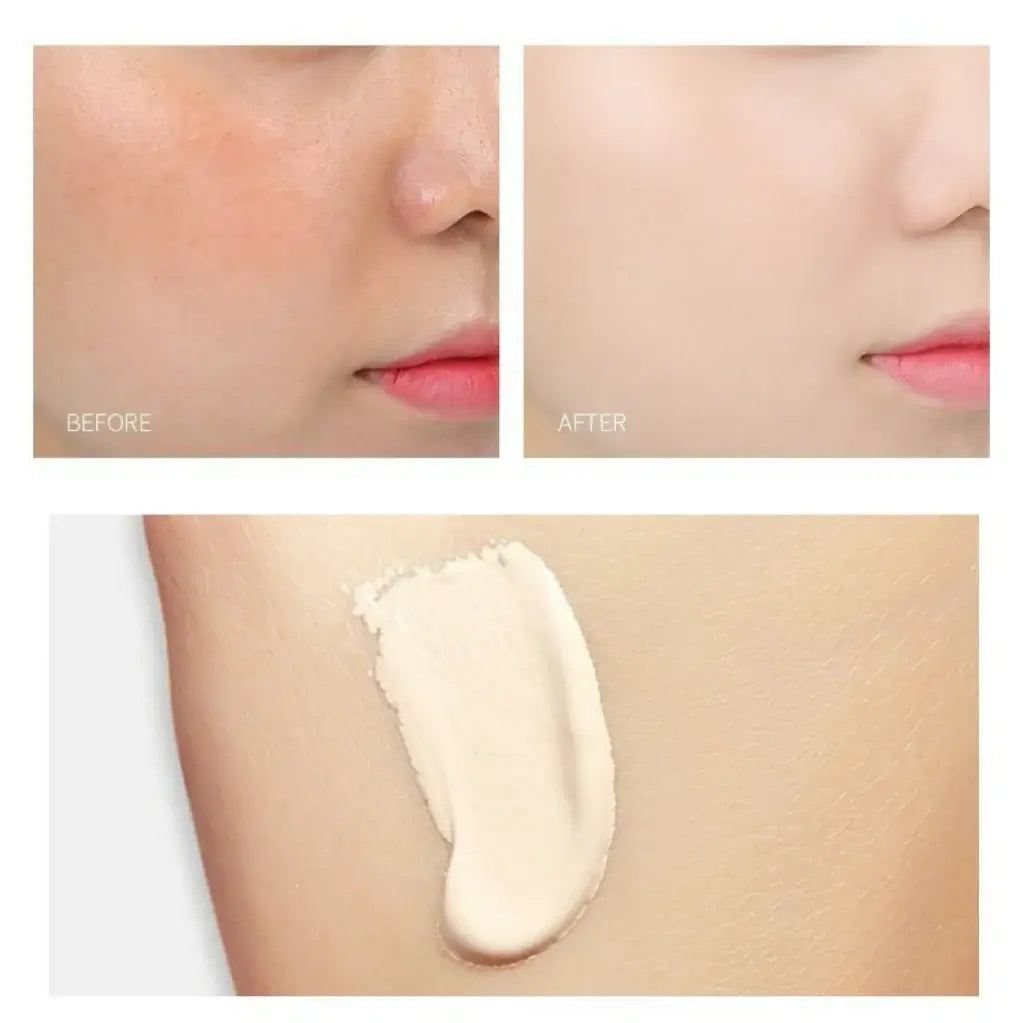 Before and after results of BB cream foundation application on skin, showcasing even skin tone and coverage.