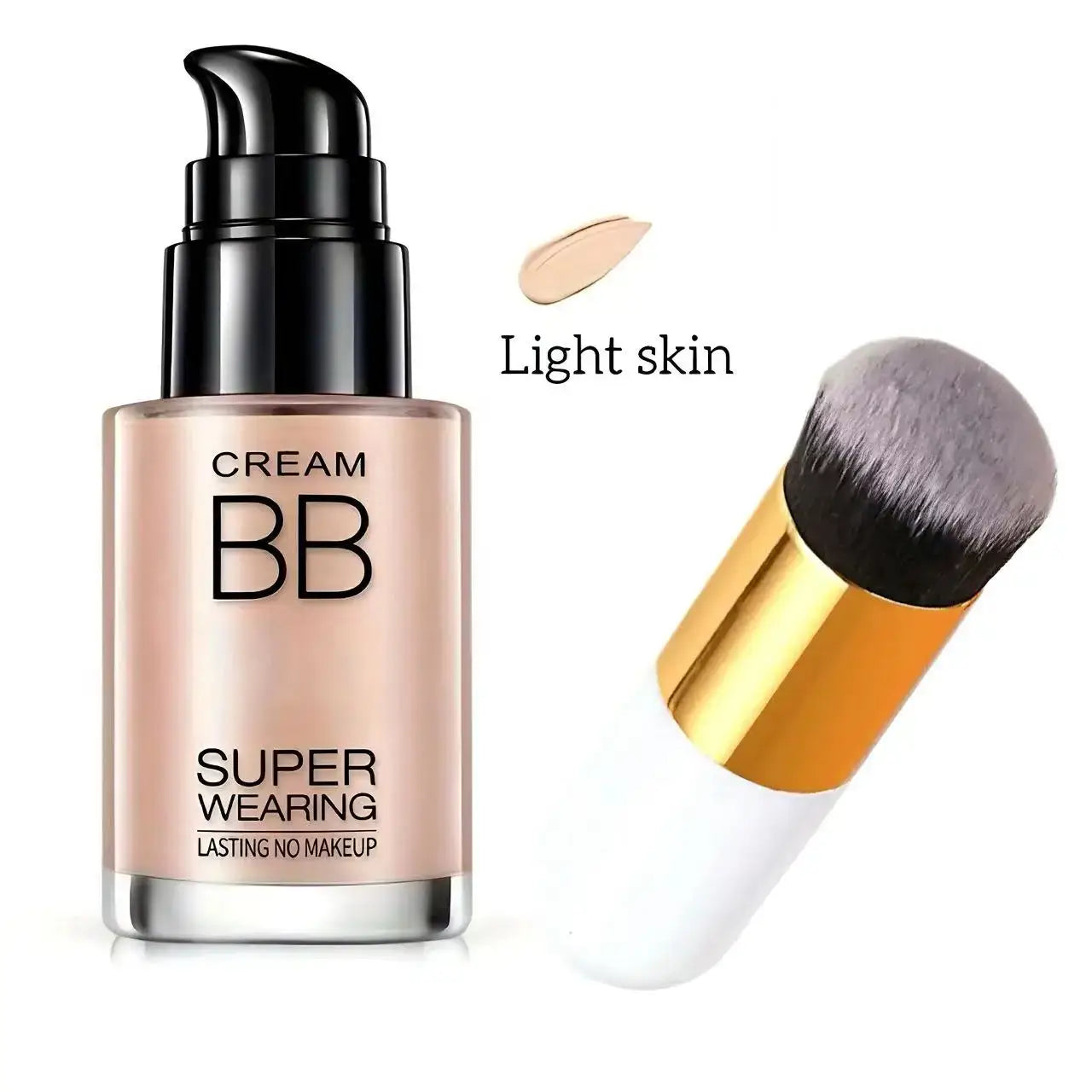 BB cream foundation bottle with brush for light skin, showcasing super wearing lasting no makeup effect.