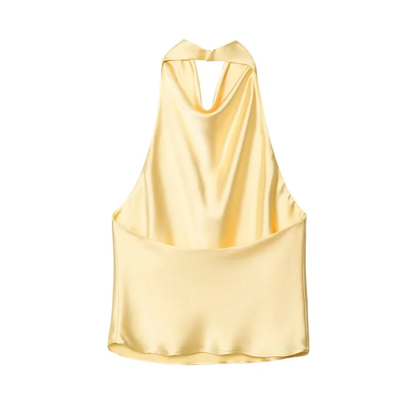 Black satin halter tops for women in trendy summer style, featuring a halter neckline and elegant satin finish.