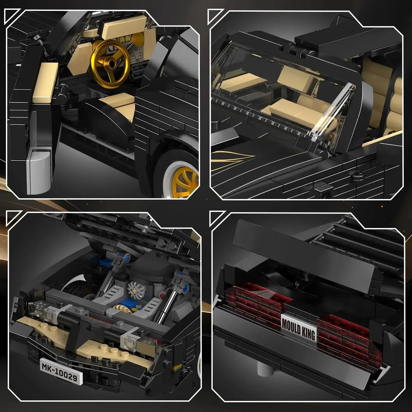 Vintage Firebird car building blocks detailed view of interior, exterior, and engine with Mould King branding.