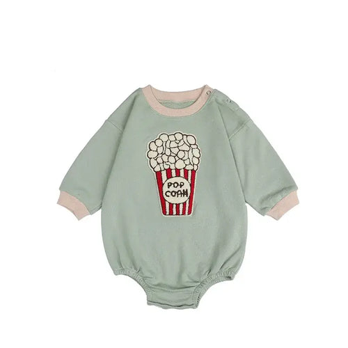 Baby romper jumpsuit newborn featuring popcorn design in soft green color.