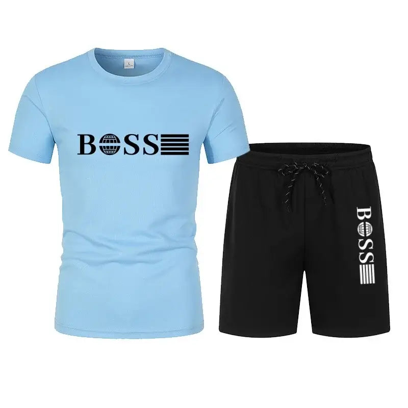 Boss t-shirt and shorts set in blue and black, showcasing comfort and style for casual outings.