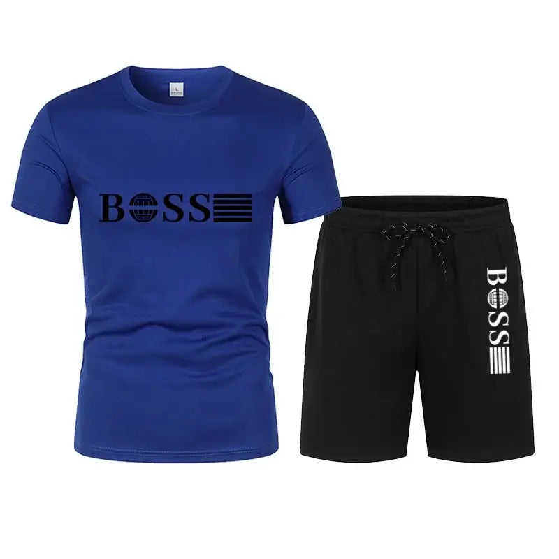 Boss T-shirt and shorts set in blue and black, perfect for casual wear.