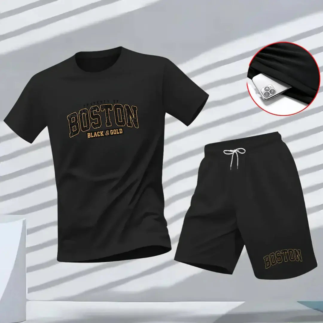 Boston T-shirt and short set in black and gold featuring a stylish design and lightweight fabric.