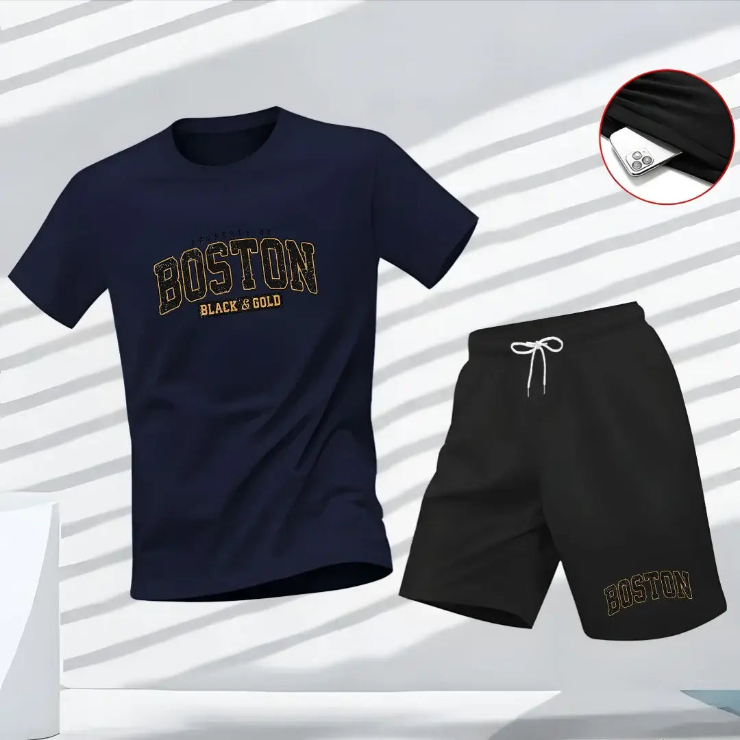 Boston T-Shirt & Short set featuring a stylish navy tee and black shorts, perfect for comfort and casual wear.