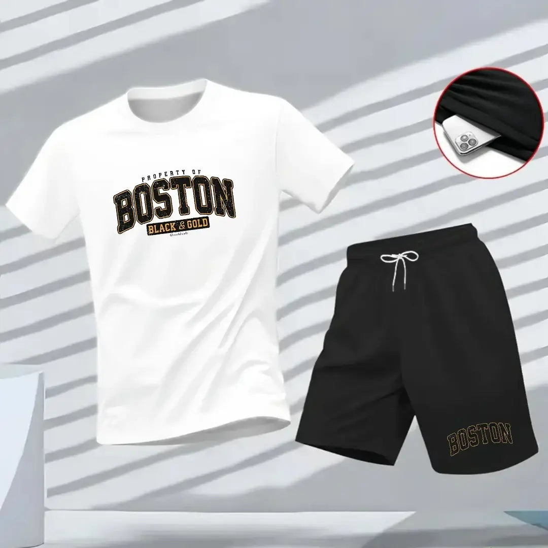 Boston T-Shirt & Short set in white and black, featuring stylish design and comfortable fabric for everyday wear.