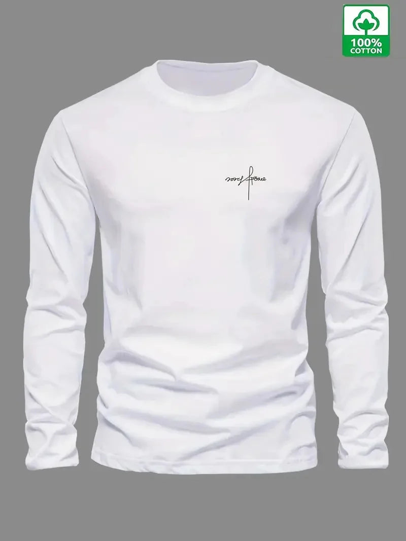100% pure cotton long sleeve t-shirt in white with round neck and minimalist logo design.