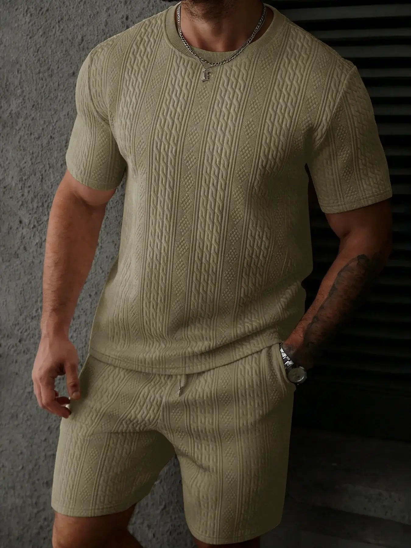 Casual men's polo shirt set in a stylish light beige knit, perfect for summer outings and casual occasions.