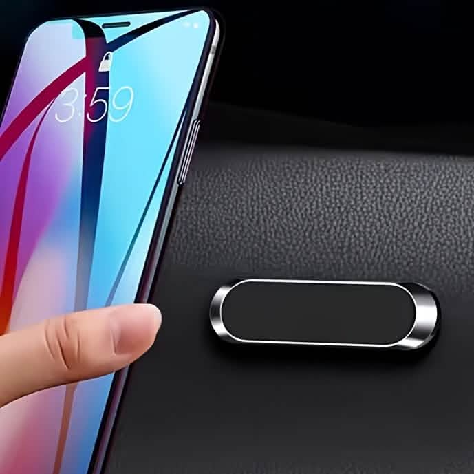 Super magnetic car phone holder with a sleek design, securely holding a smartphone in place in a car.