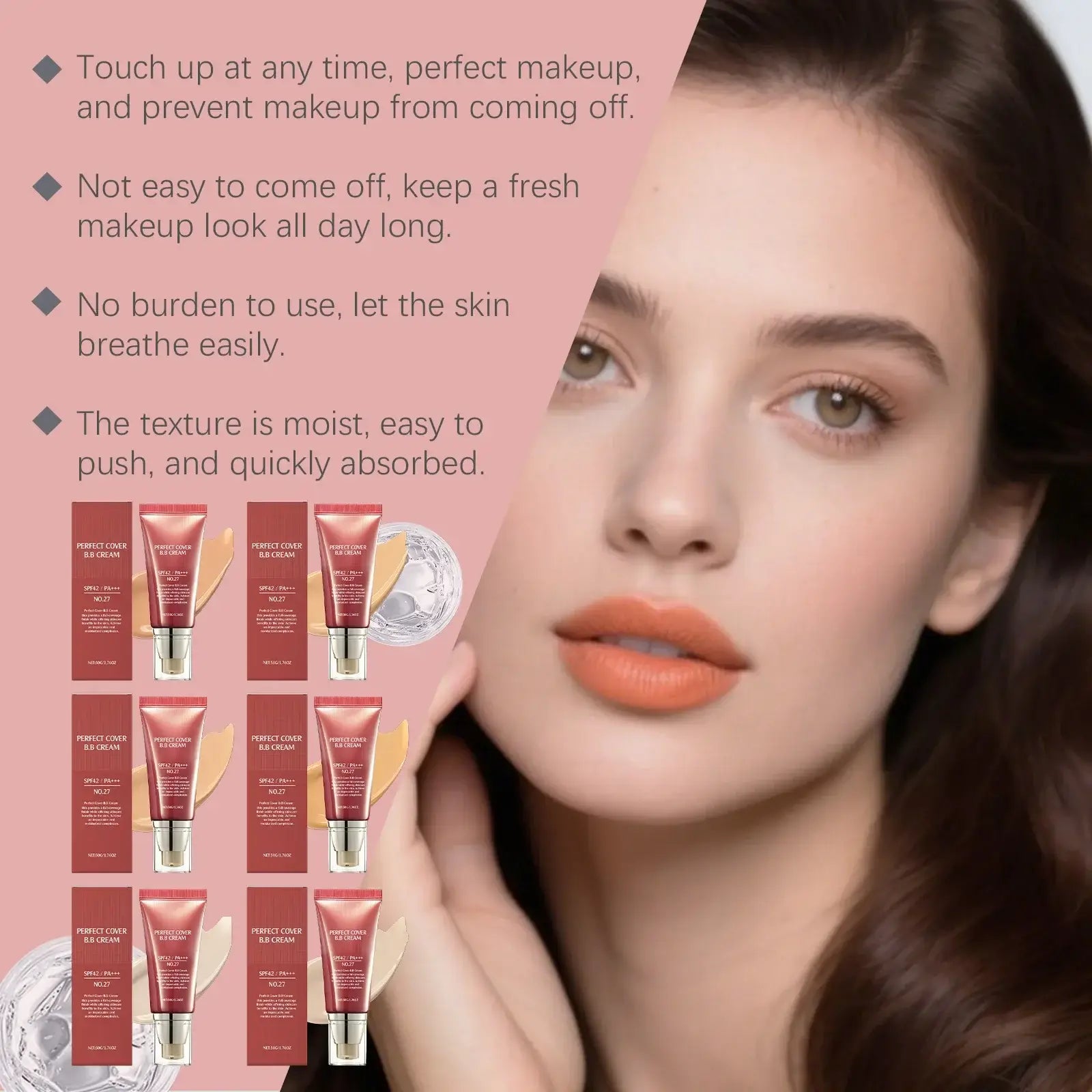 brightening concealer BB cream packaging and model with flawless complexion, showcasing skincare and makeup benefits.
