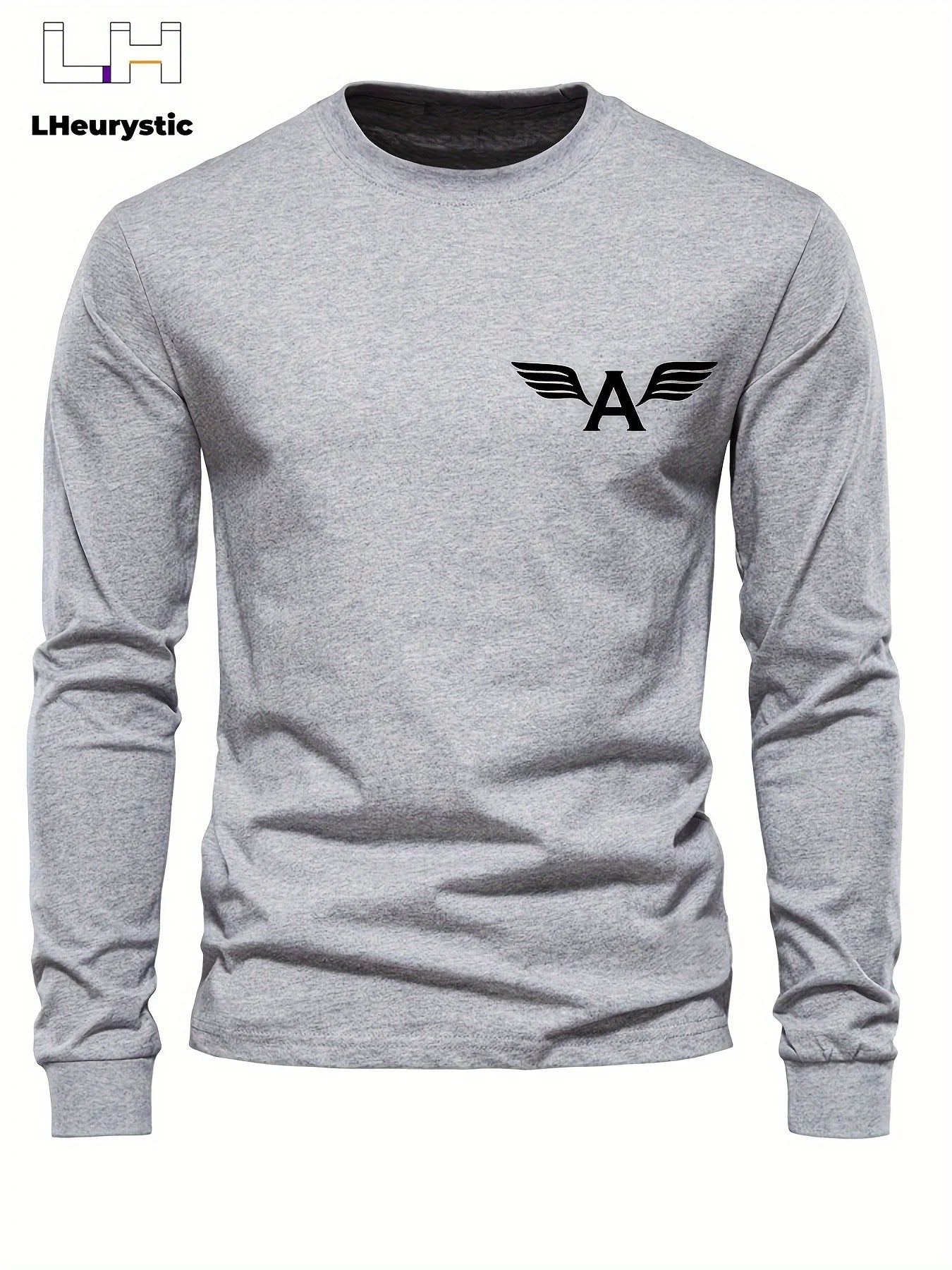 100% cotton long sleeve shirt in grey with black winged logo on chest.
