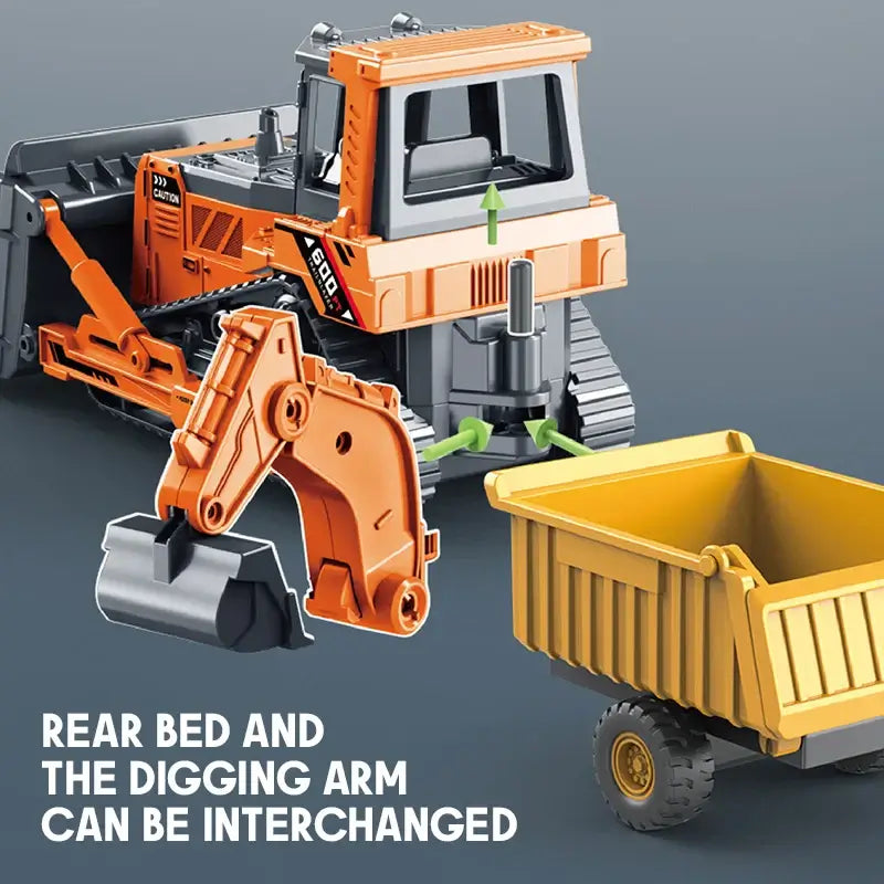 Excavator bulldozer toy with interchangeable rear bed and digging arm, designed for imaginative play.