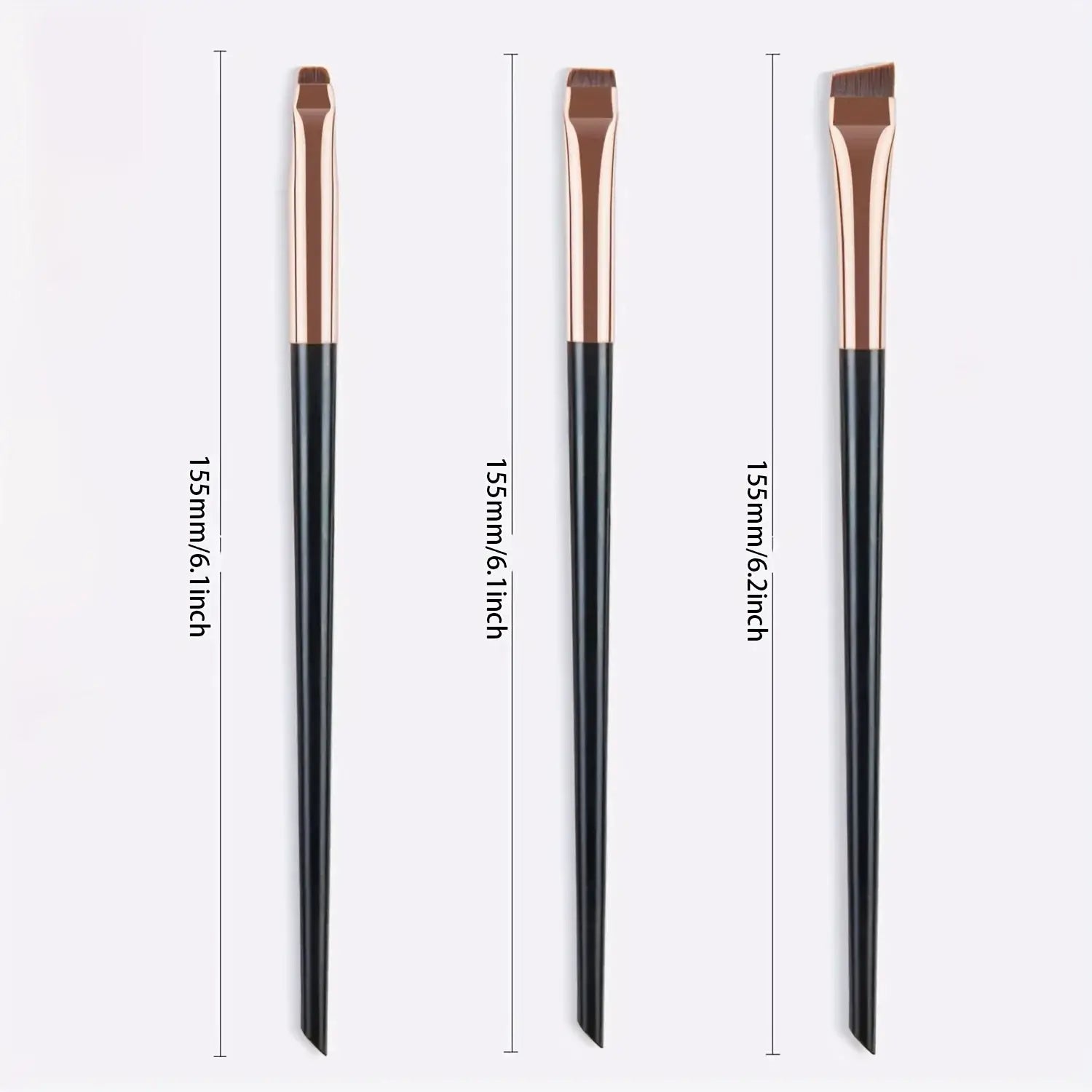 3pcs makeup brush set featuring three elegant brushes with black handles and rose gold accents.