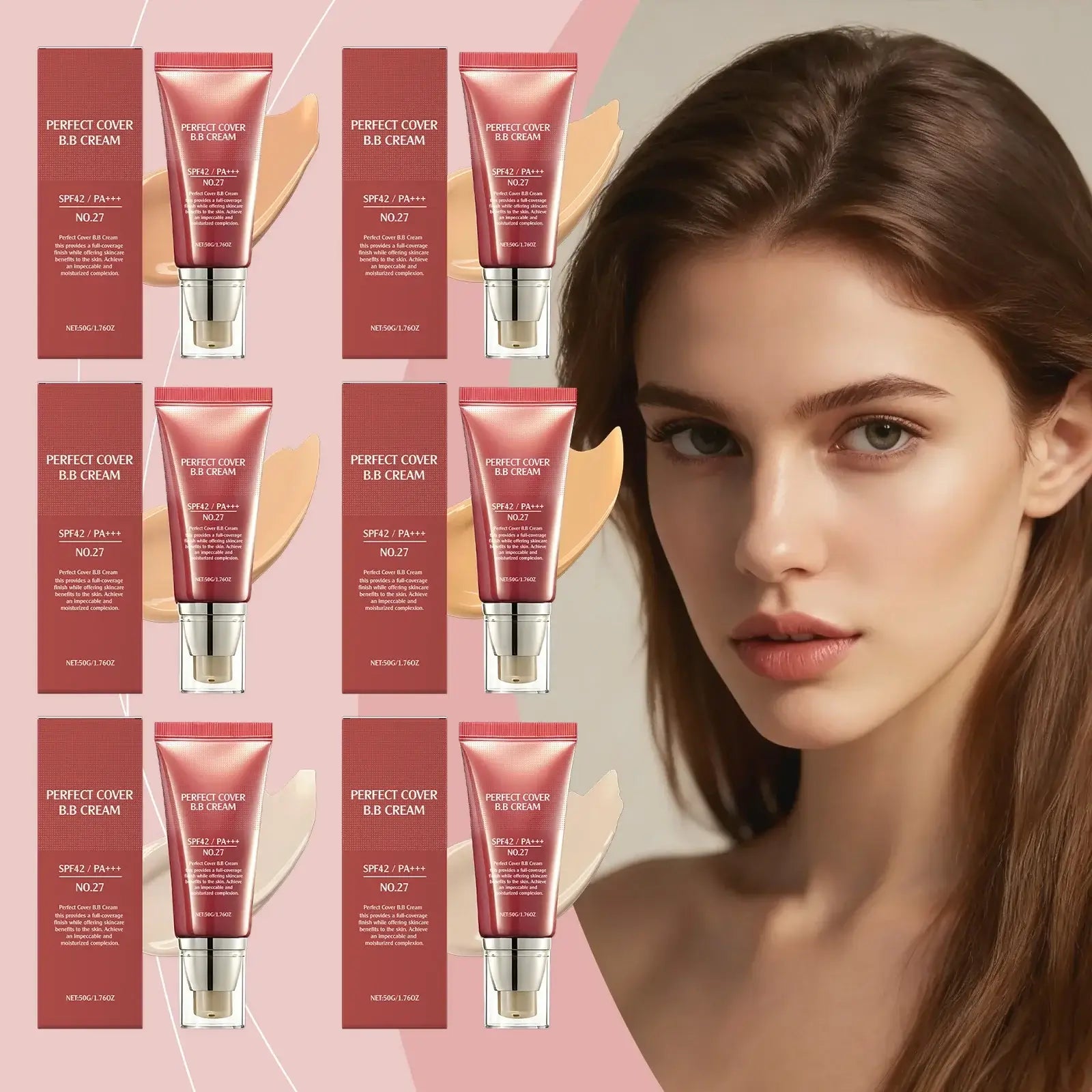 Image showcasing brightening concealer BB cream tubes in various shades alongside a model's radiant complexion.