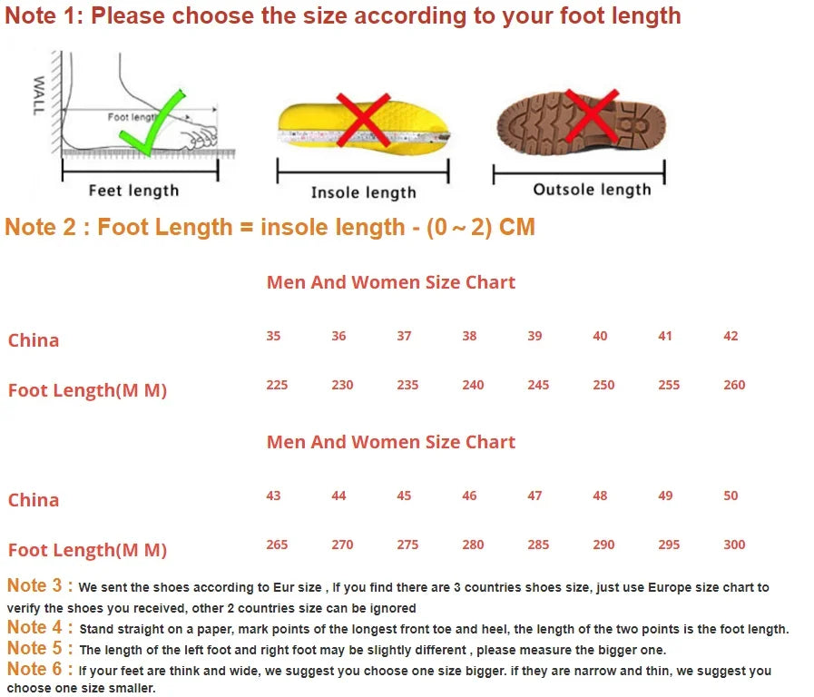 Size chart for autumn men's sports shoes showing foot length and corresponding shoe sizes.