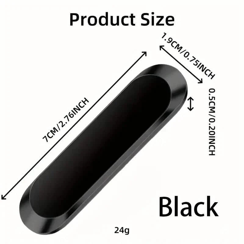 Product size and dimensions of the super magnetic car phone holder in black, showing measurements and weight.