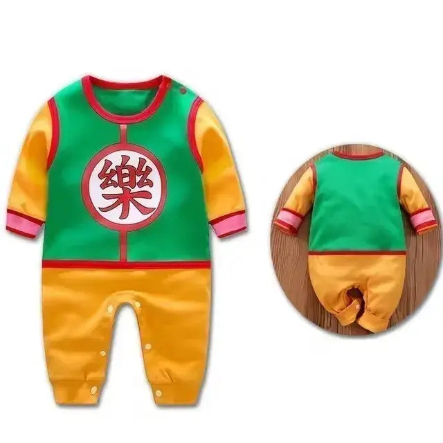 Anime baby rompers 0-18 months featuring colorful design with green and yellow colors, suitable for infants.