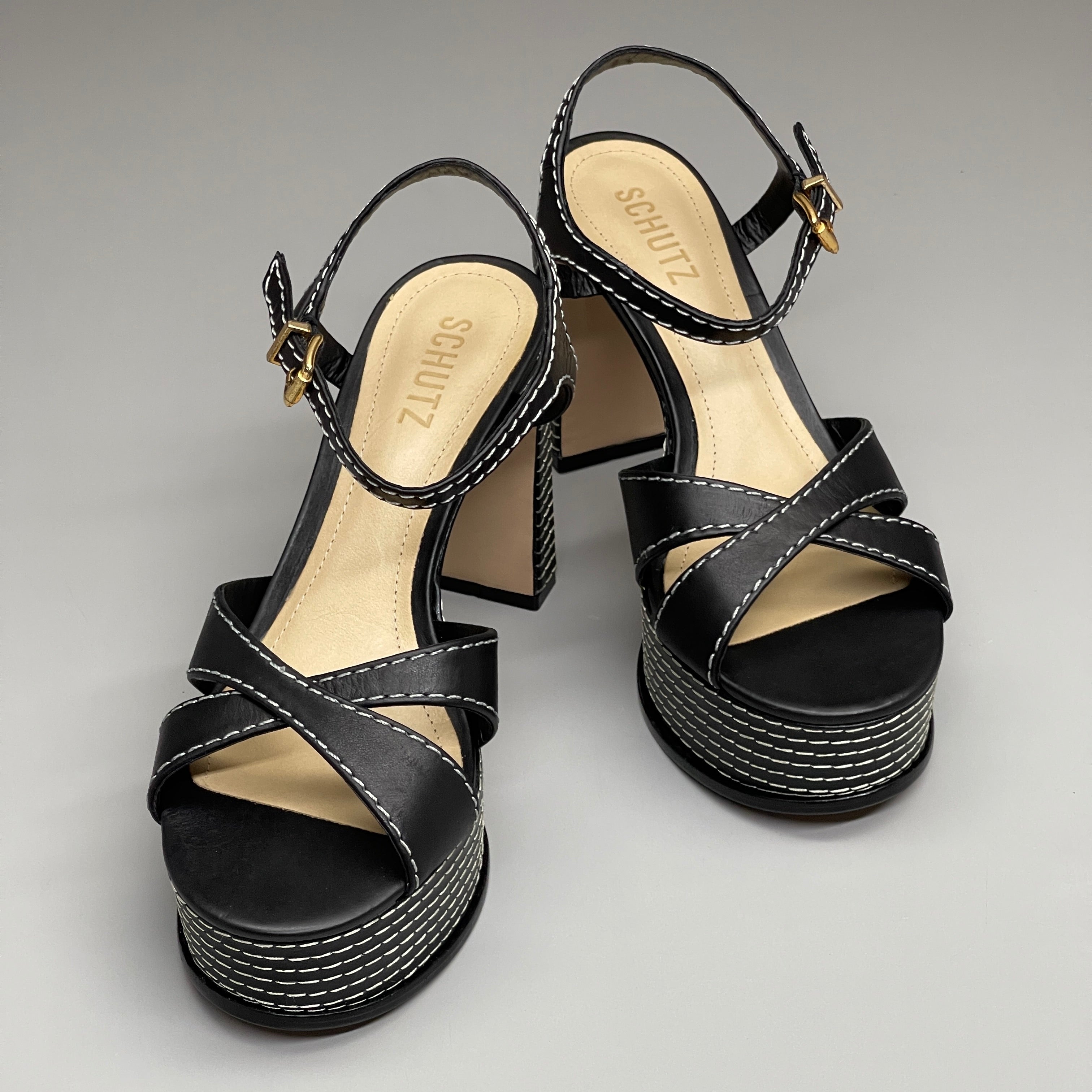 SCHUTZ Keefa women's leather sandals, black platform heel, size 8B, stylish and modern design, perfect for casual wear.